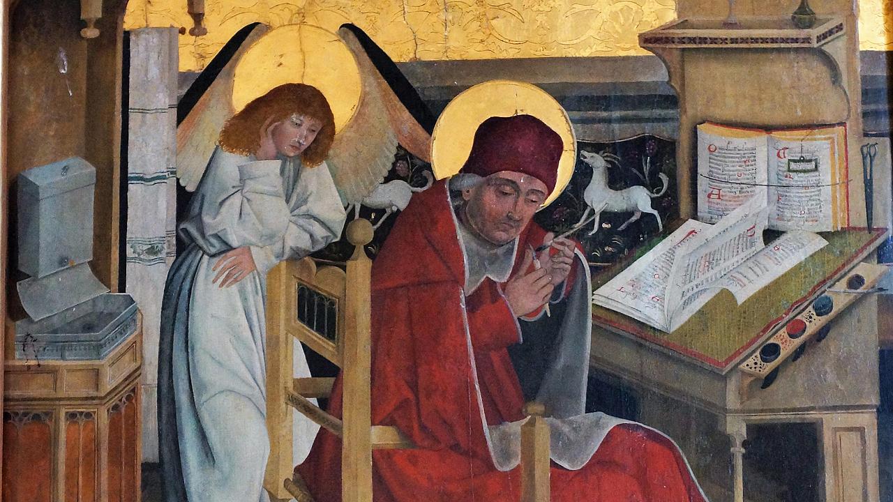 Darstellung des Evangelisten Matthäus in einer mittelalterlichen Schreibstube auf einem linken Flügel des Hochaltarschreins in der Kirche St. Wolfgang bei Velburg